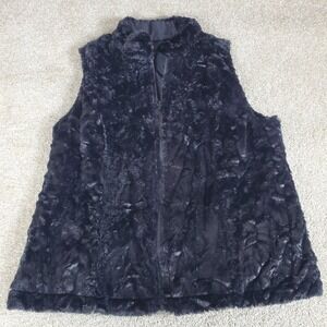 Black Faux Fur Reversible Zip Vest Ruffle Accent Size M ?? CHECK MEASUREMENTS